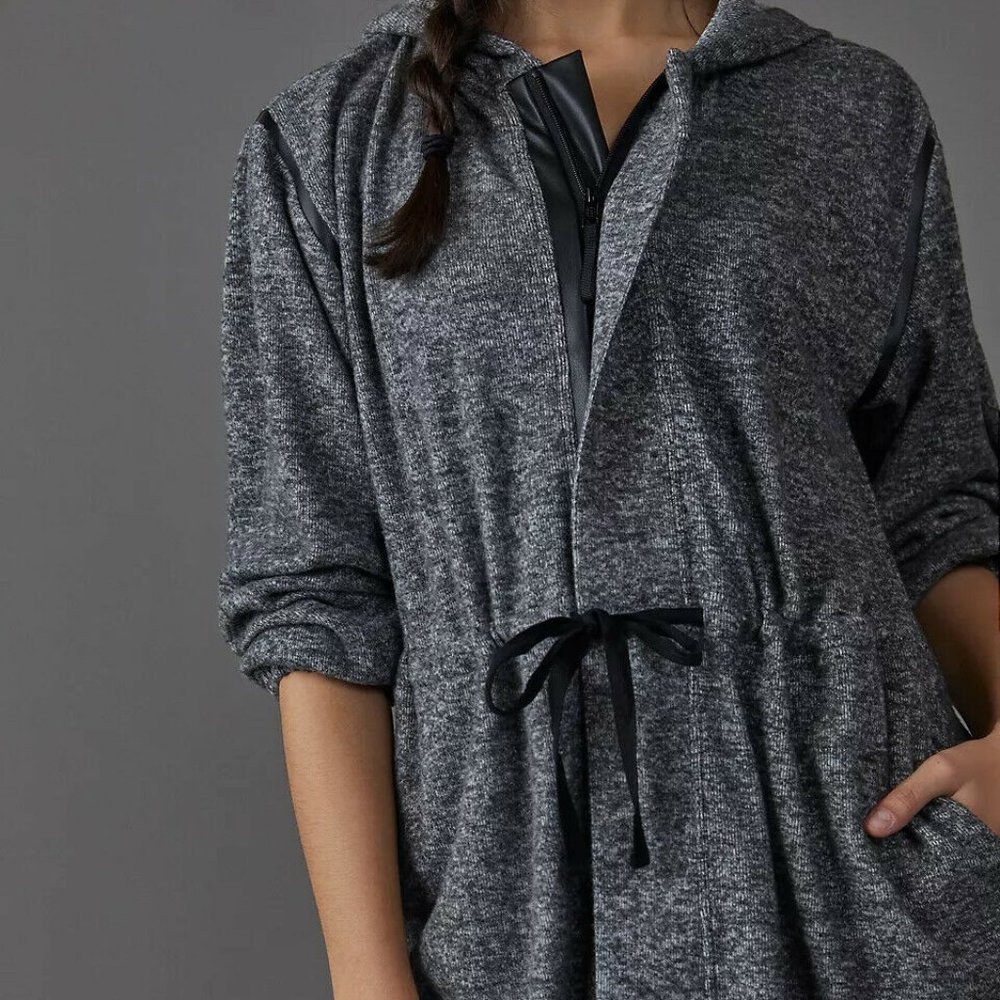 Anthropologie Dolan Gray Hooded Zip Up Leather Trim Tunic Sweater - Picture 2 of 12